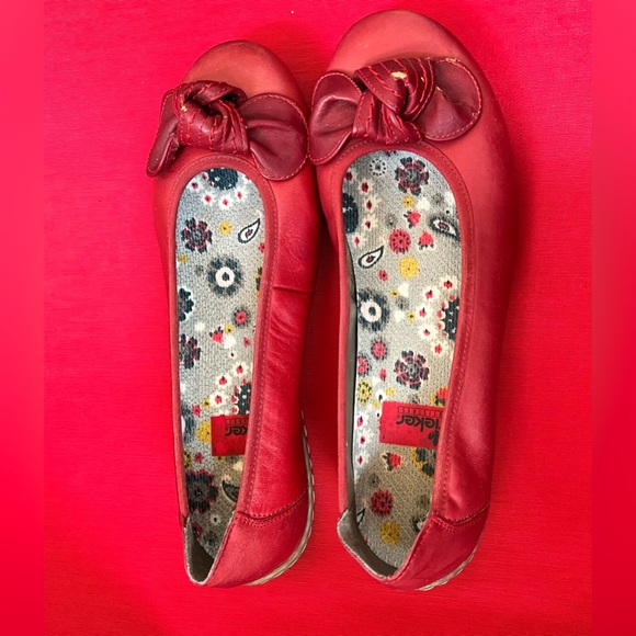 40 RIEKER comfort boho bow red slip on shoe rubber sole leather skimmer - Picture 5 of 6
